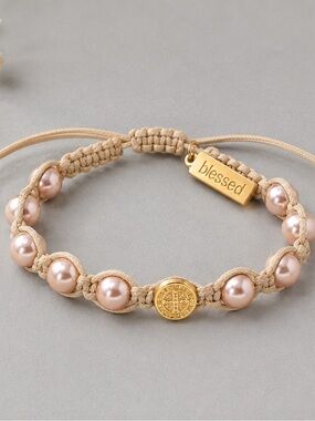 Divine Blessings Cream Macrame Beaded Bracelet Gold Tone Cross Medallion